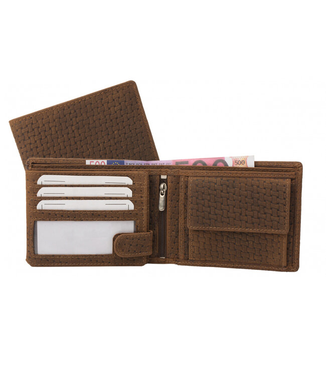 Houtkamp Heren Billfold Portemonnee – Echt Leer – Bruin met Vlechtpatroon