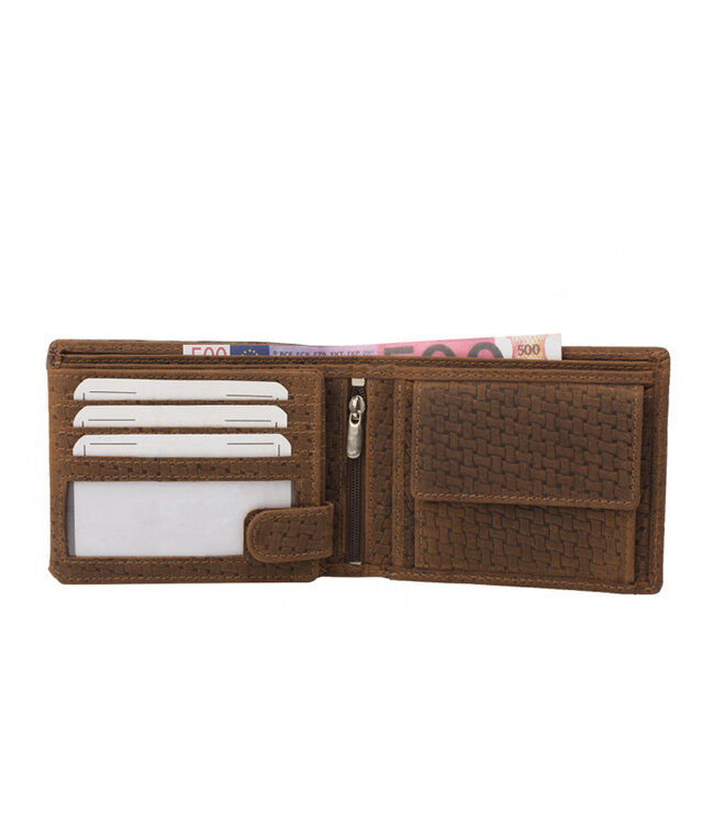Houtkamp Heren Billfold Portemonnee – Echt Leer – Bruin met Vlechtpatroon