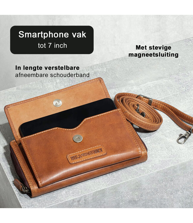 HillBurry Dames Portemonnee & Telefoontasje – Echt Leer – RFID Bescherming – Afneembare Schouderband – 15 Pasjesvakken – Bruin