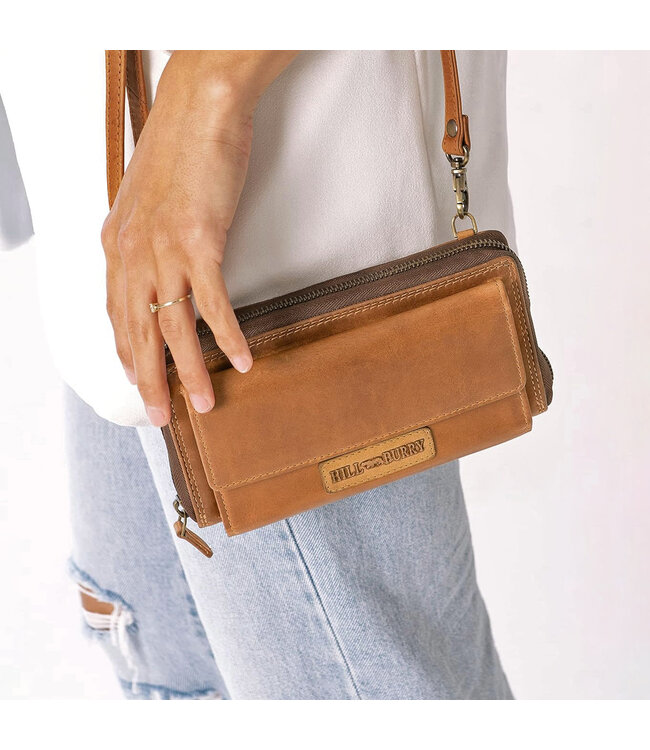 HillBurry Dames Portemonnee & Telefoontasje – Echt Leer – RFID Bescherming – Afneembare Schouderband – 15 Pasjesvakken – Bruin
