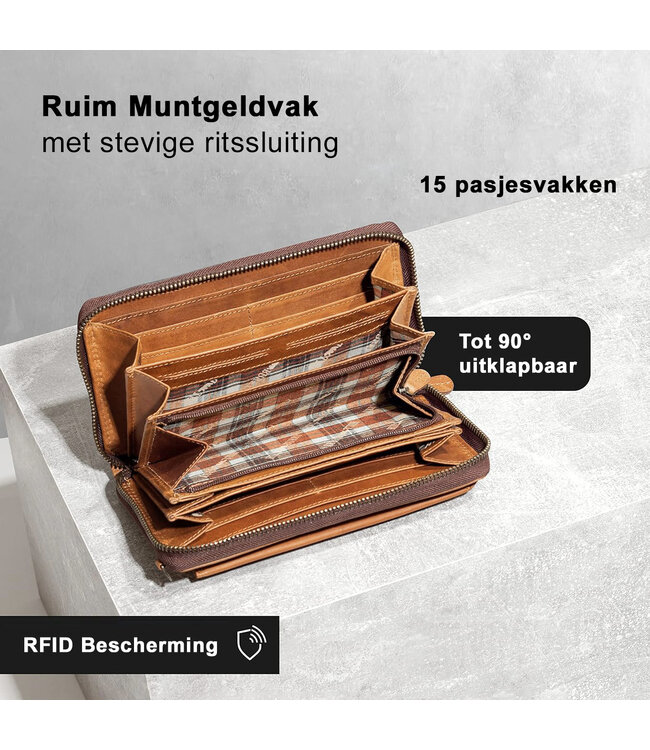 HillBurry Dames Portemonnee & Telefoontasje – Echt Leer – RFID Bescherming – Afneembare Schouderband – 15 Pasjesvakken – Bruin