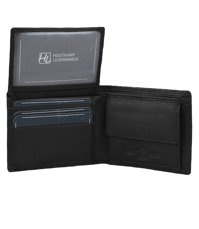 Houtkamp Compacte Leren Heren Billfold Portemonnee – Met Muntgeldvak & Flapje – 7 Pasjes – Echt Leer – Zwart