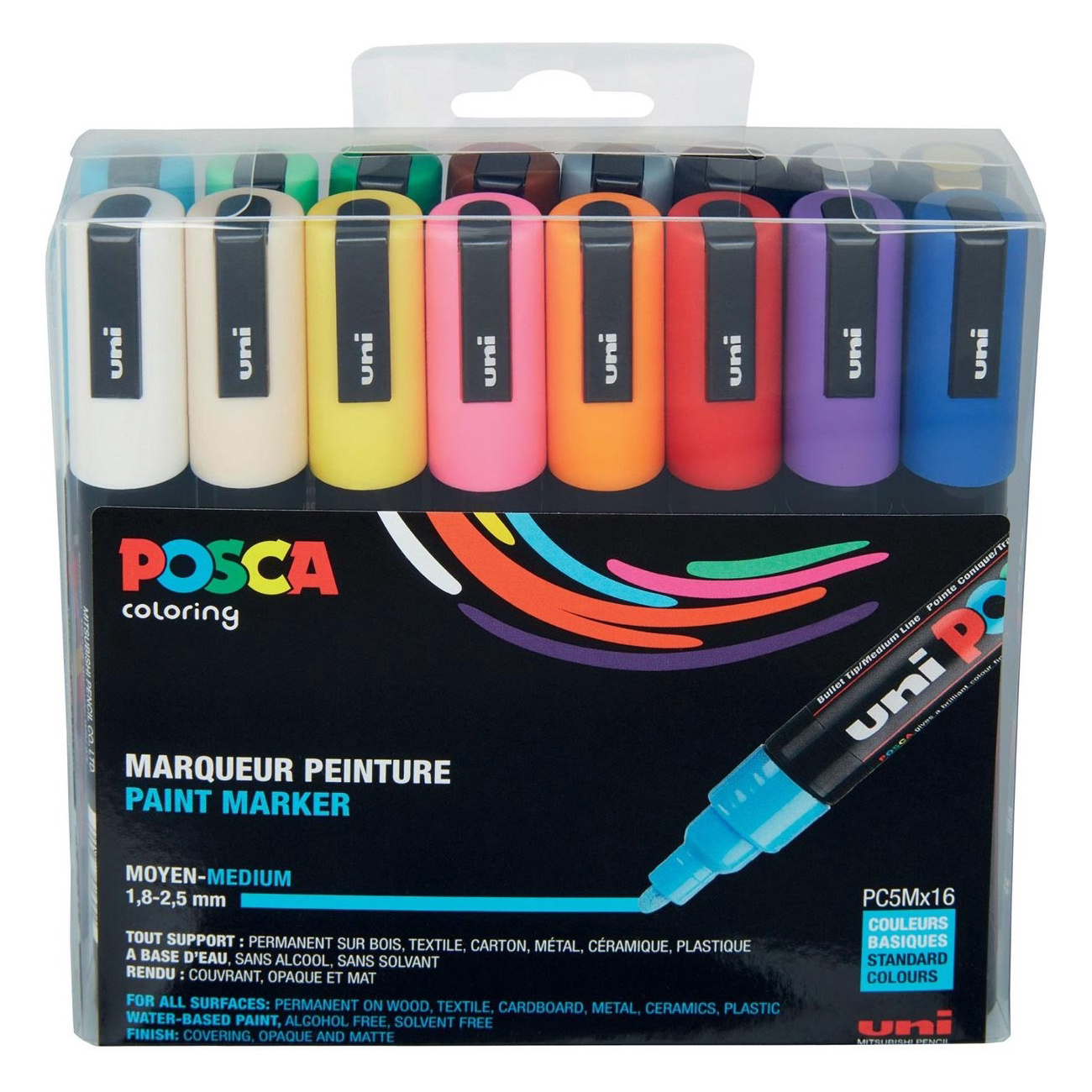 Posca Verfmarker PC-5M, 1.8 - 2.5 mm - 16er Box, Standaard kleuren