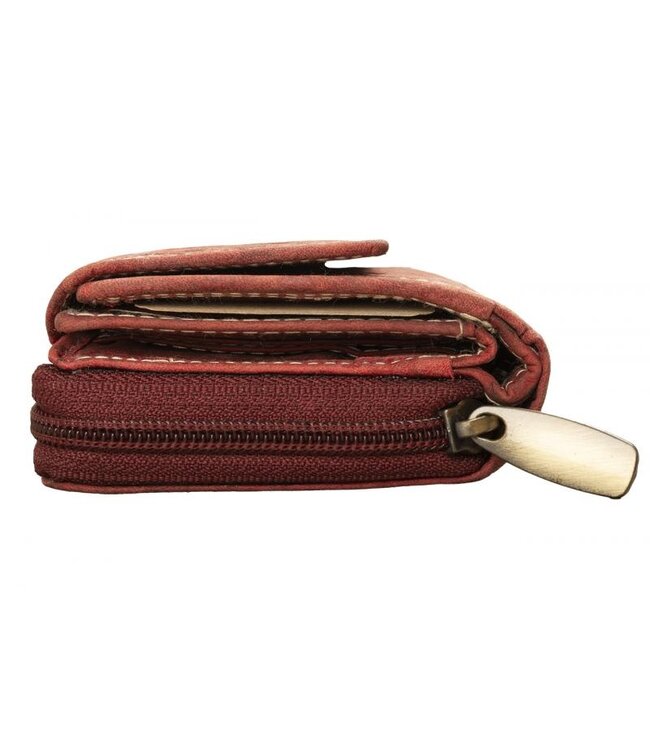 Houtkamp RFID Dames Portemonnee Echt Leer Rood - Hunter Leer met Bloemen Reliëf - 10 Pasjesvakken - Ritsvak & Drukknoop