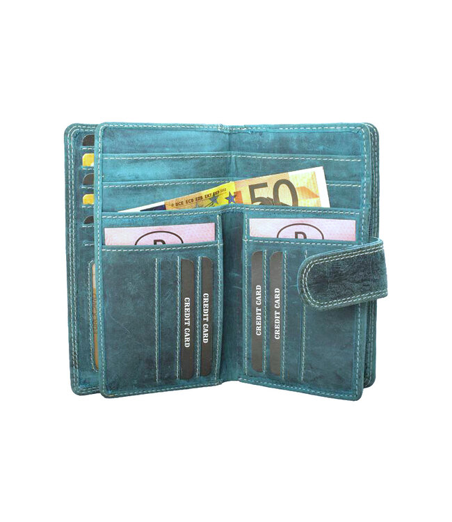 Houtkamp Grote RFID Dames Portemonnee Echt Leer - Hunter Leer met Bloemenmotief - 18 Pasjesvakken - Overslag & Ritsvak - Petrol Blauw