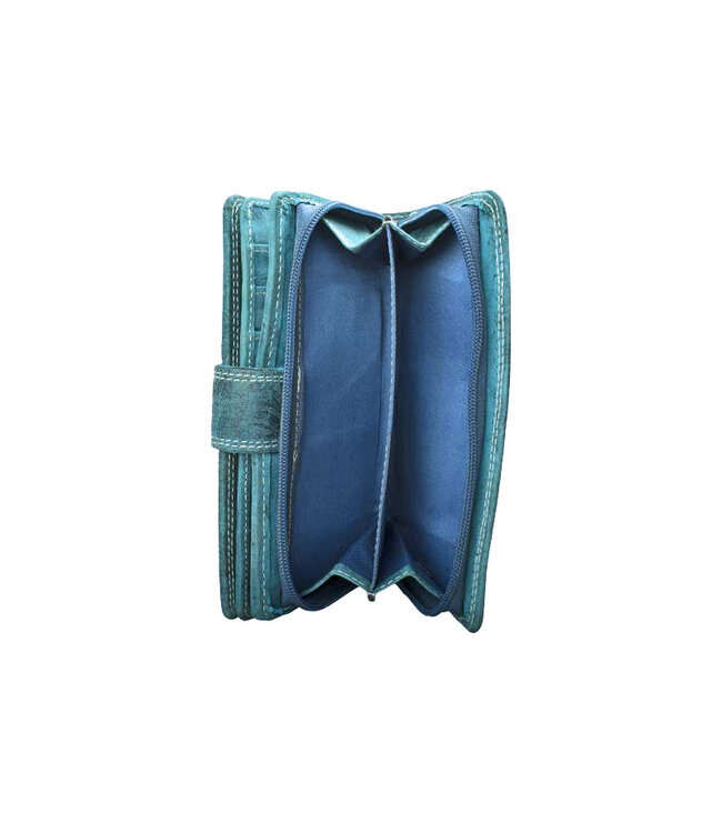 Houtkamp Grote RFID Dames Portemonnee Echt Leer - Hunter Leer met Bloemenmotief - 18 Pasjesvakken - Overslag & Ritsvak - Petrol Blauw