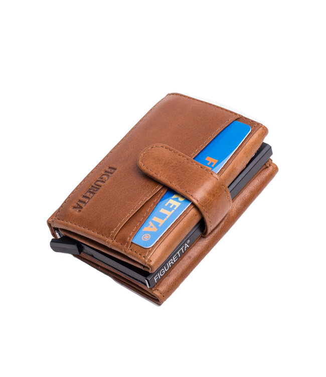 Figuretta Heren Portemonnee Leer met RFID – Pasjeshouder met Kaartmechanisme, Muntvak & Briefgeldvak – Cognac