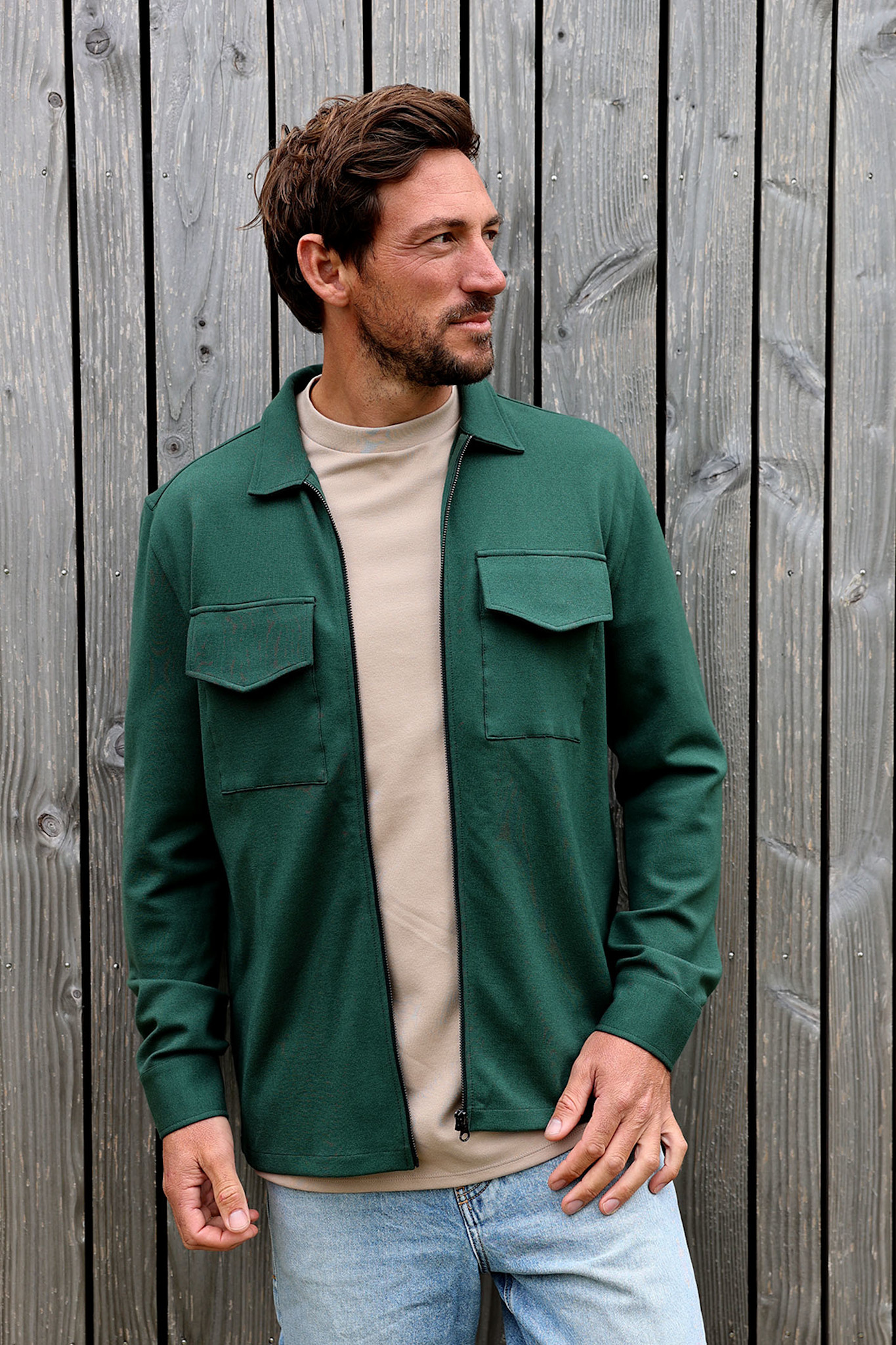 Kultivate Luxury Zip Overshirt Sycamore Green