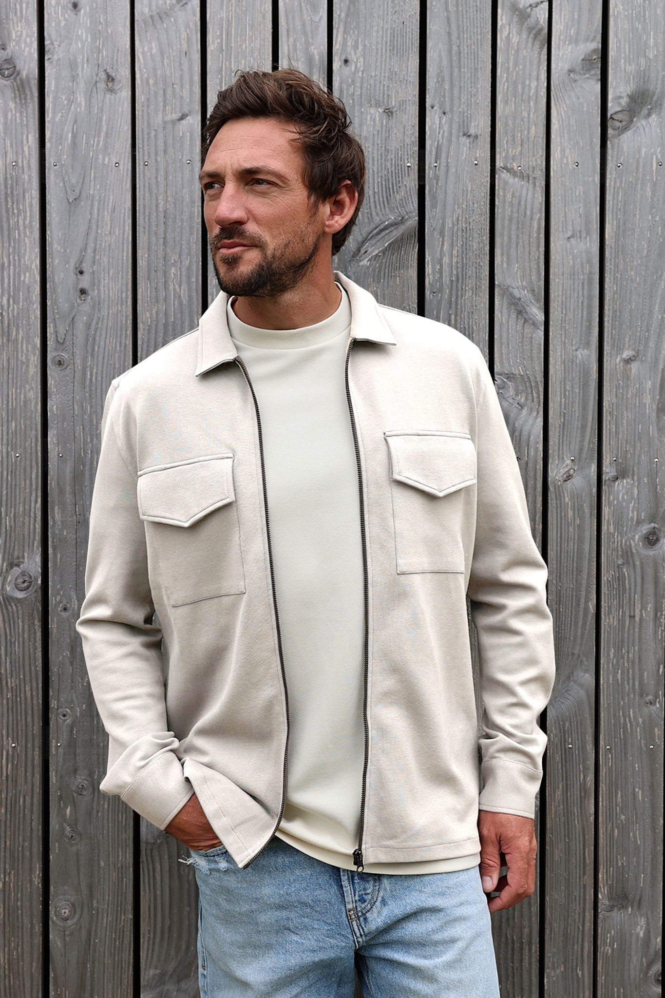 Kultivate Luxury Zip Overshirt Bone White