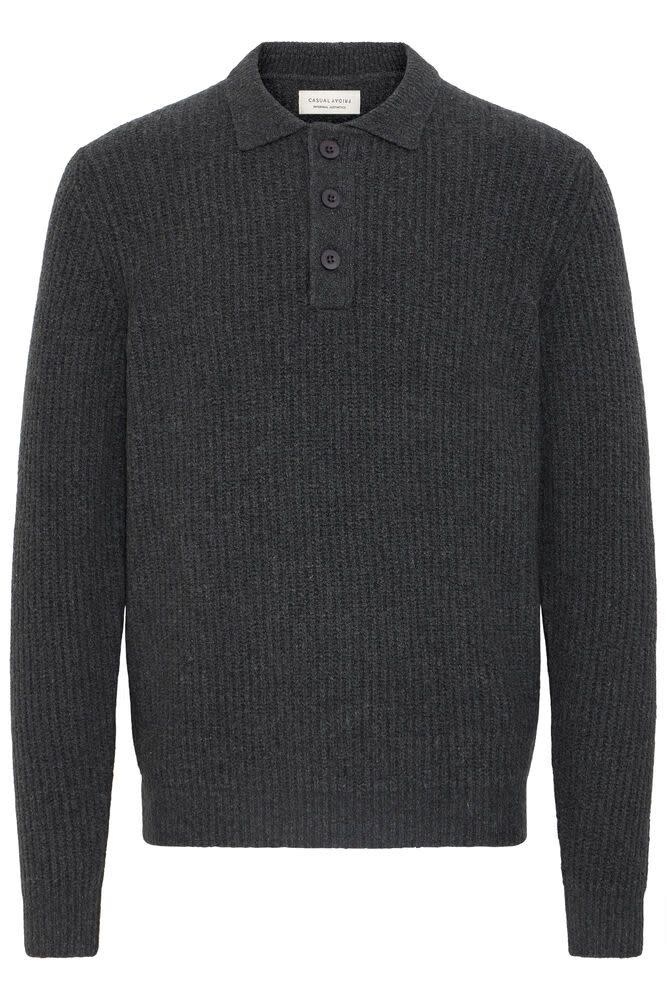 Casual Friday 20506028 Gahn 1 x 1 Rib Polo Knit 1806011 Charcoal Grey Melange