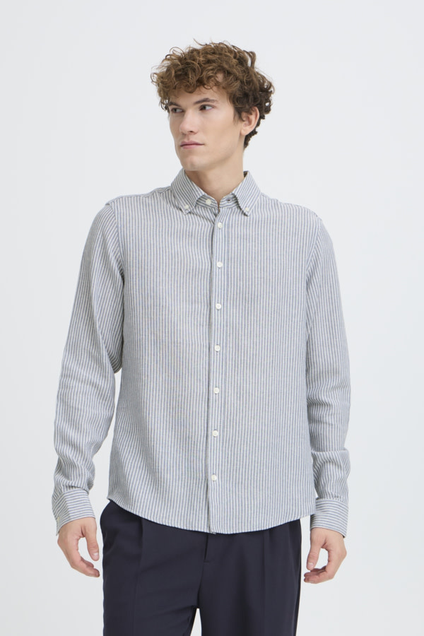Casual Friday Hanes L/S Striped Linen Mix Shirt 1840281 Bearing Sea