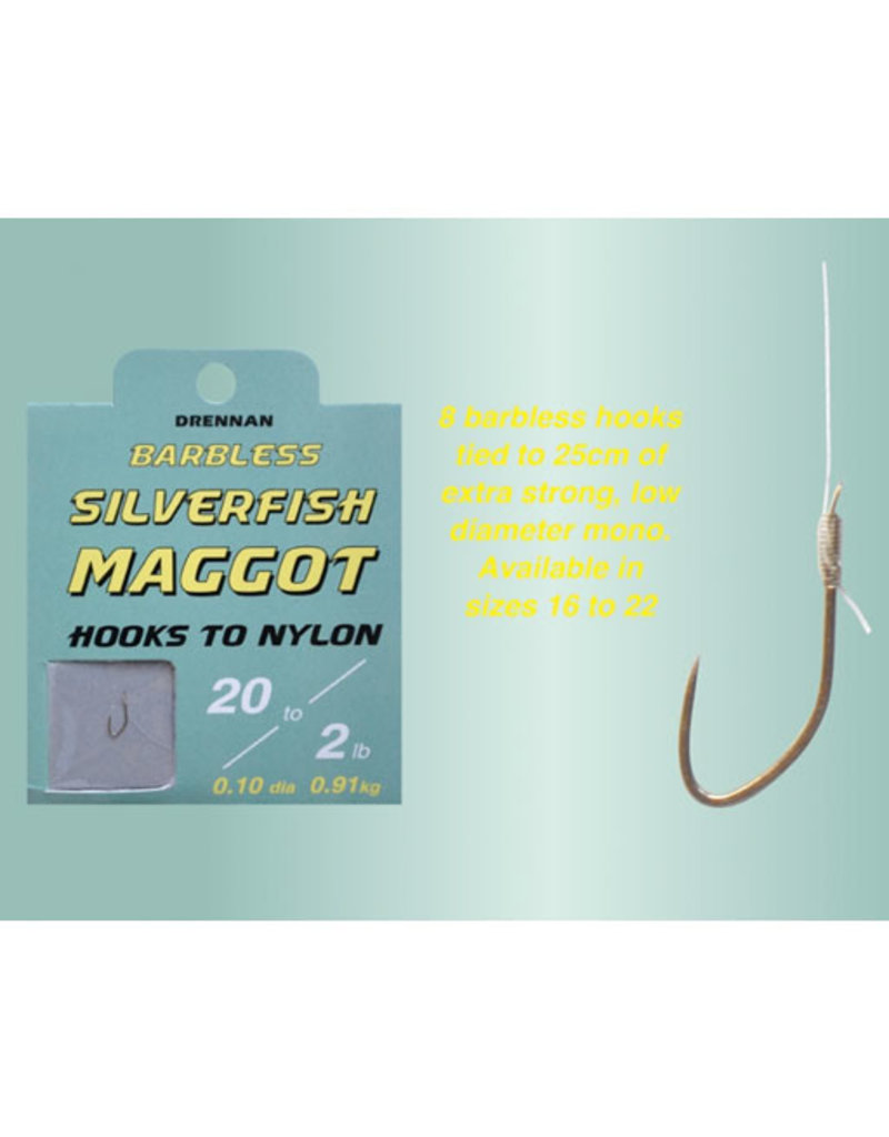Drennan hooks to nylon barbless silverfish maggot