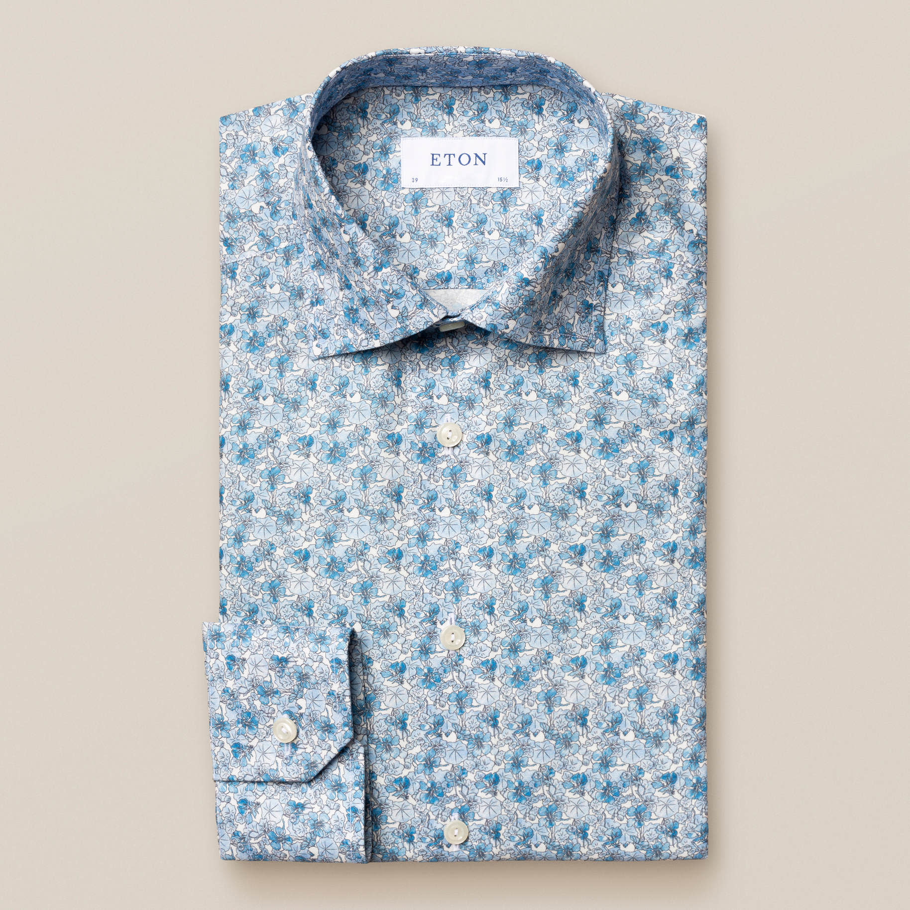 Eton Blue floral print twill shirt