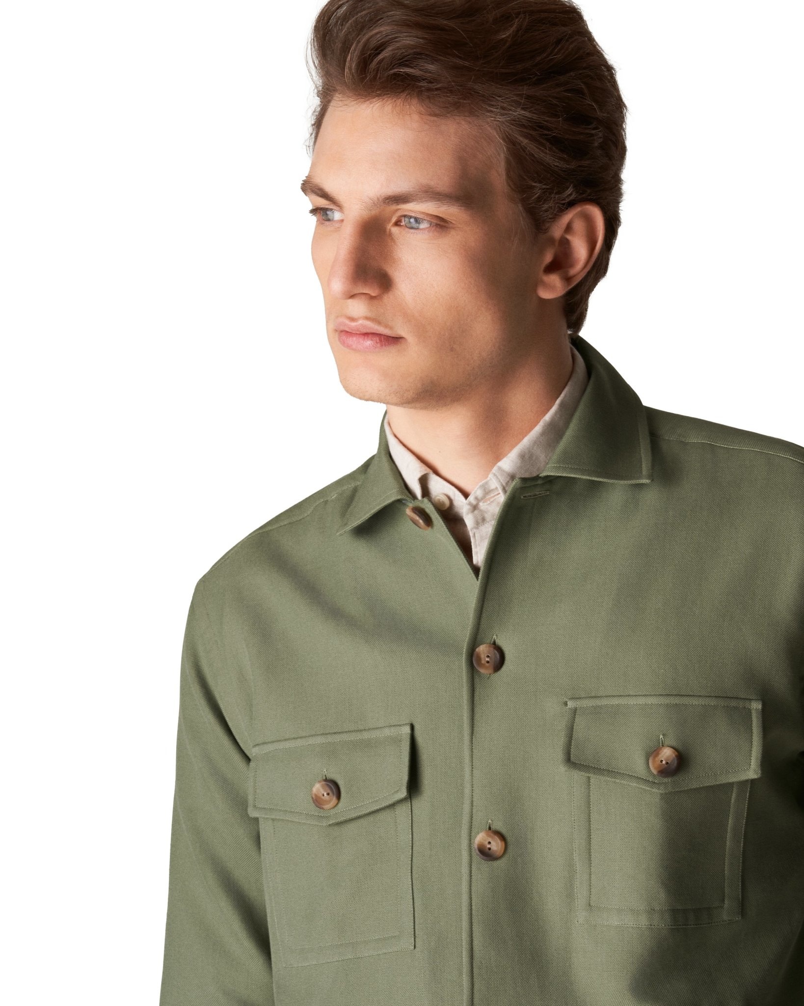 Eton Olive Green Textured Twill Overshirt