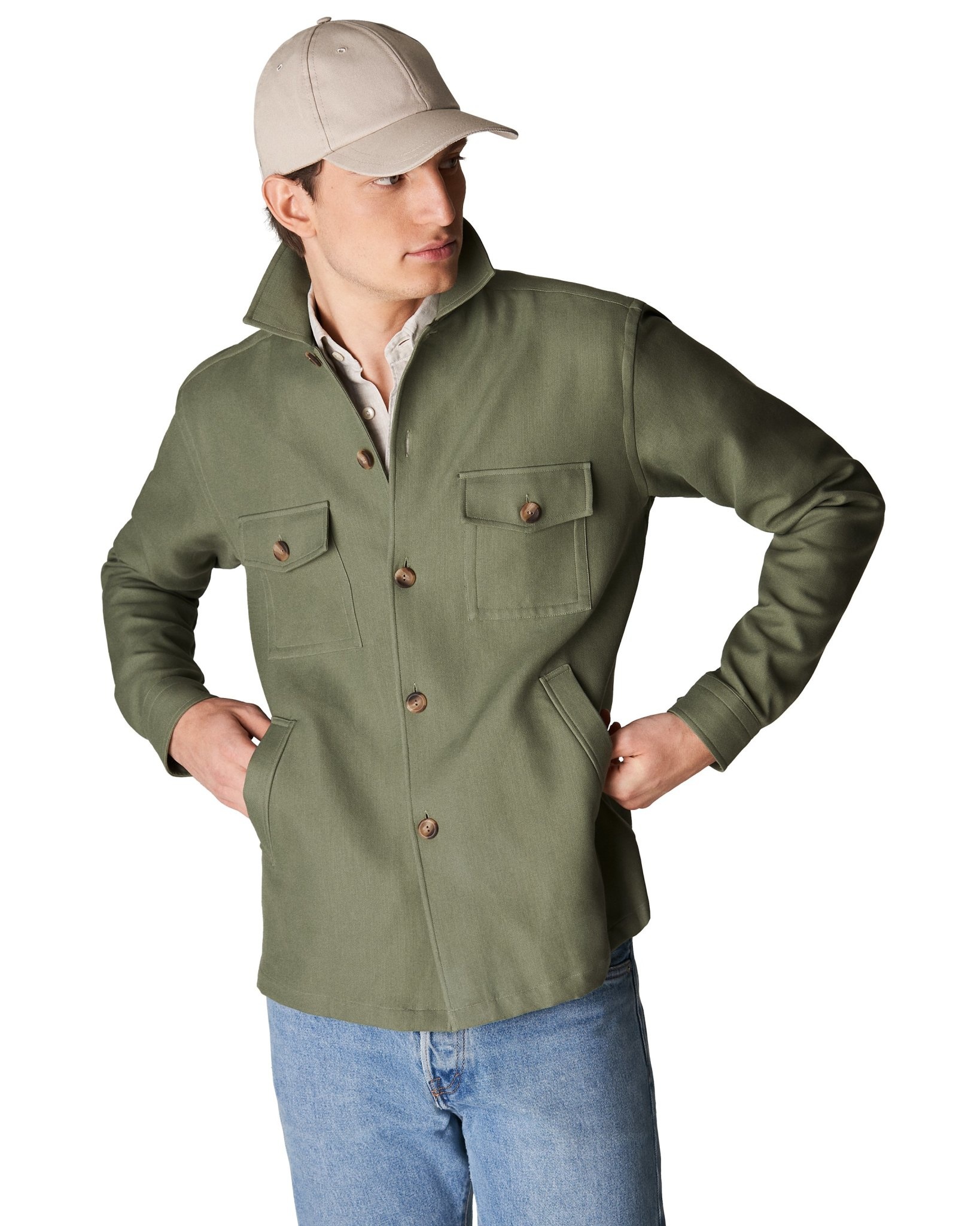 Eton Olive Green Textured Twill Overshirt