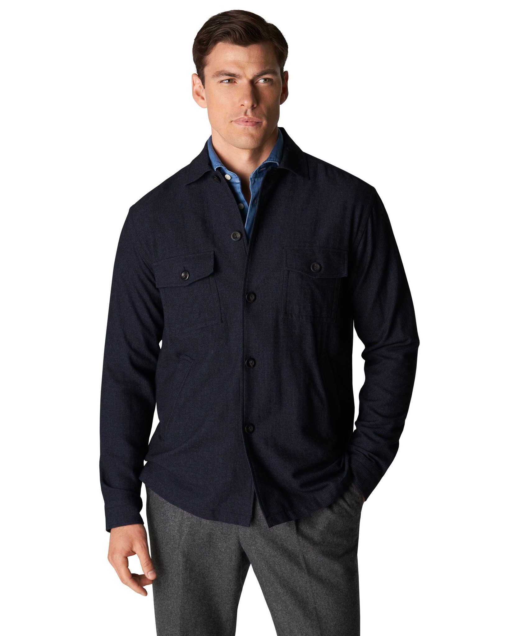 Eton Navy Houndstooth Cashmere Twill Overshirt