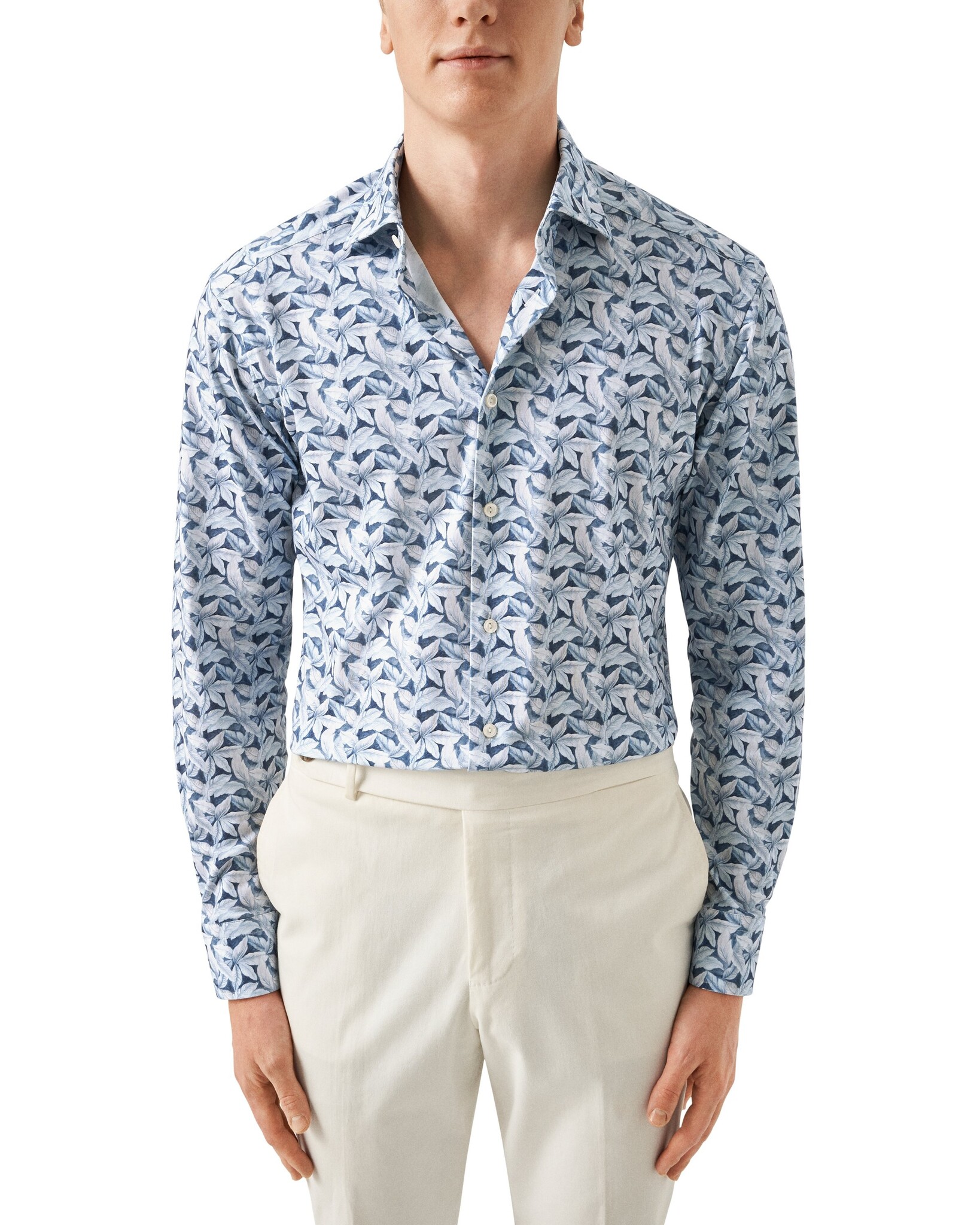 Eton Light Blue Palm Print cotton 4 way stretch shirt