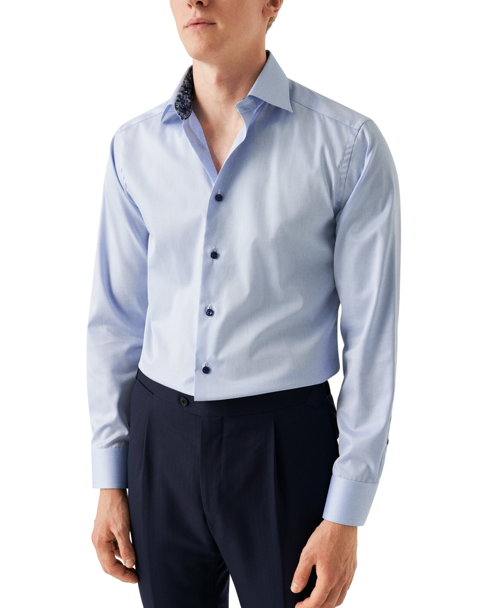 Eton signature twill with navy floral trim blue