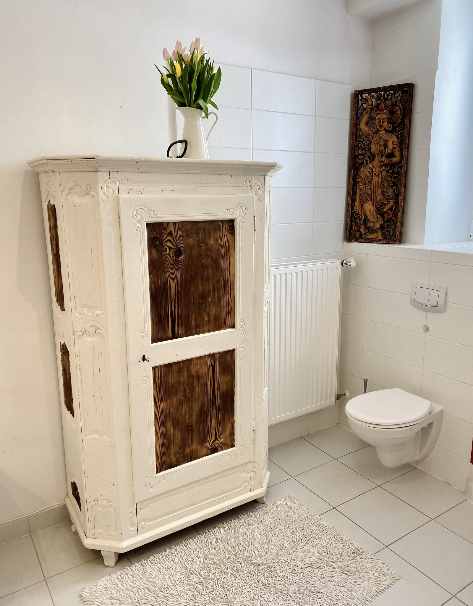 Antique farmhouse cabinet lavishly renovated in an ancient Japanese technique. Flamed Wood