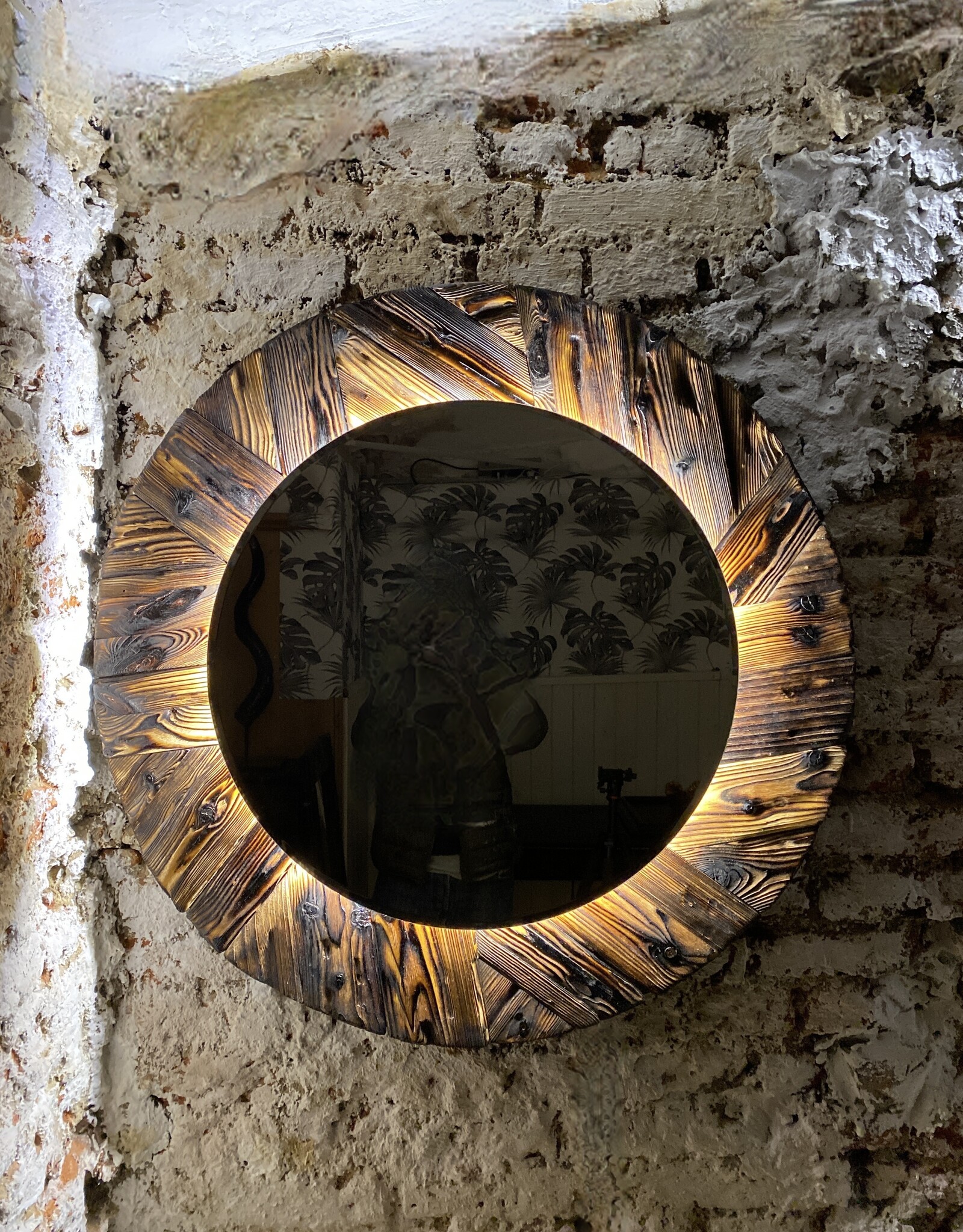 Old wood mirror round with indirect lighting