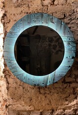 Old wood mirror round with indirect lighting - turquoise