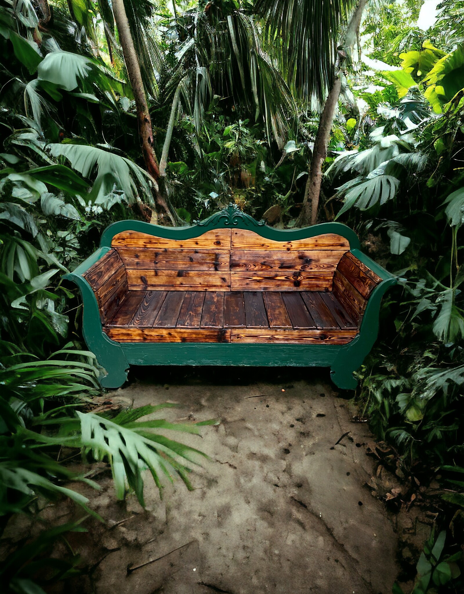 100 jährige Couch für den Outdoor Bereich, Flamed Wood