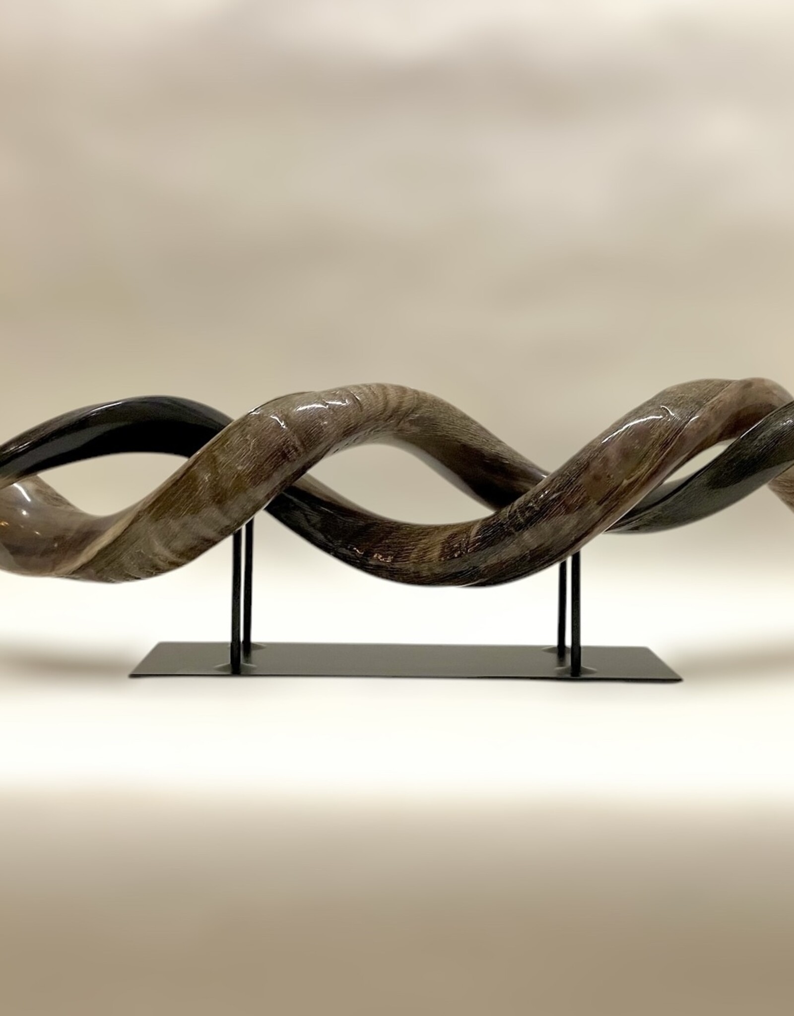 Kudu horn partly ground double on metal stand