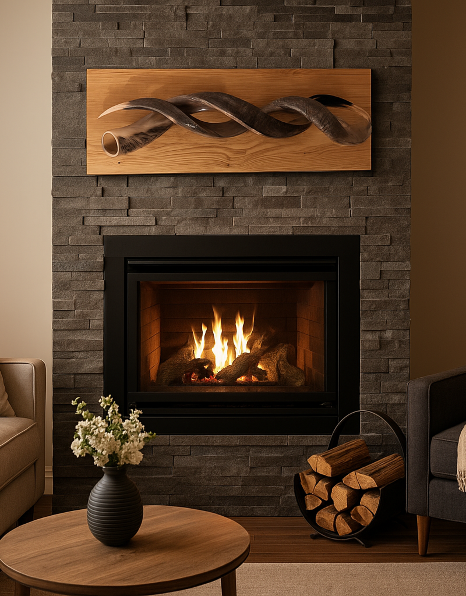 Sculpture made of natural colored kudu horns partially sanded on flamed wood Natural. Harmonious. Timeless.