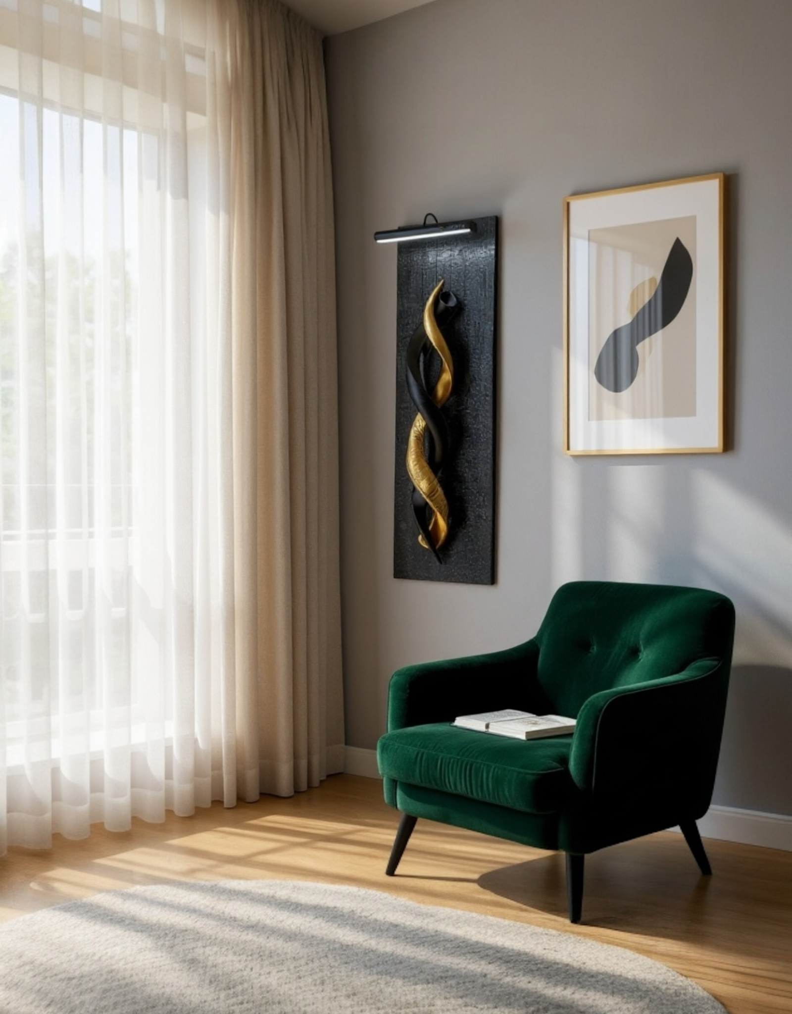 Design Object with Kudu Horns – Black & Gold on Burnt Wood, with LED Lighting This exceptional wall piece is a play of contrast and harmony.