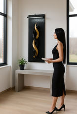 Design Object with Kudu Horns – Black & Gold on Burnt Wood, with LED Lighting This exceptional wall piece is a play of contrast and harmony.