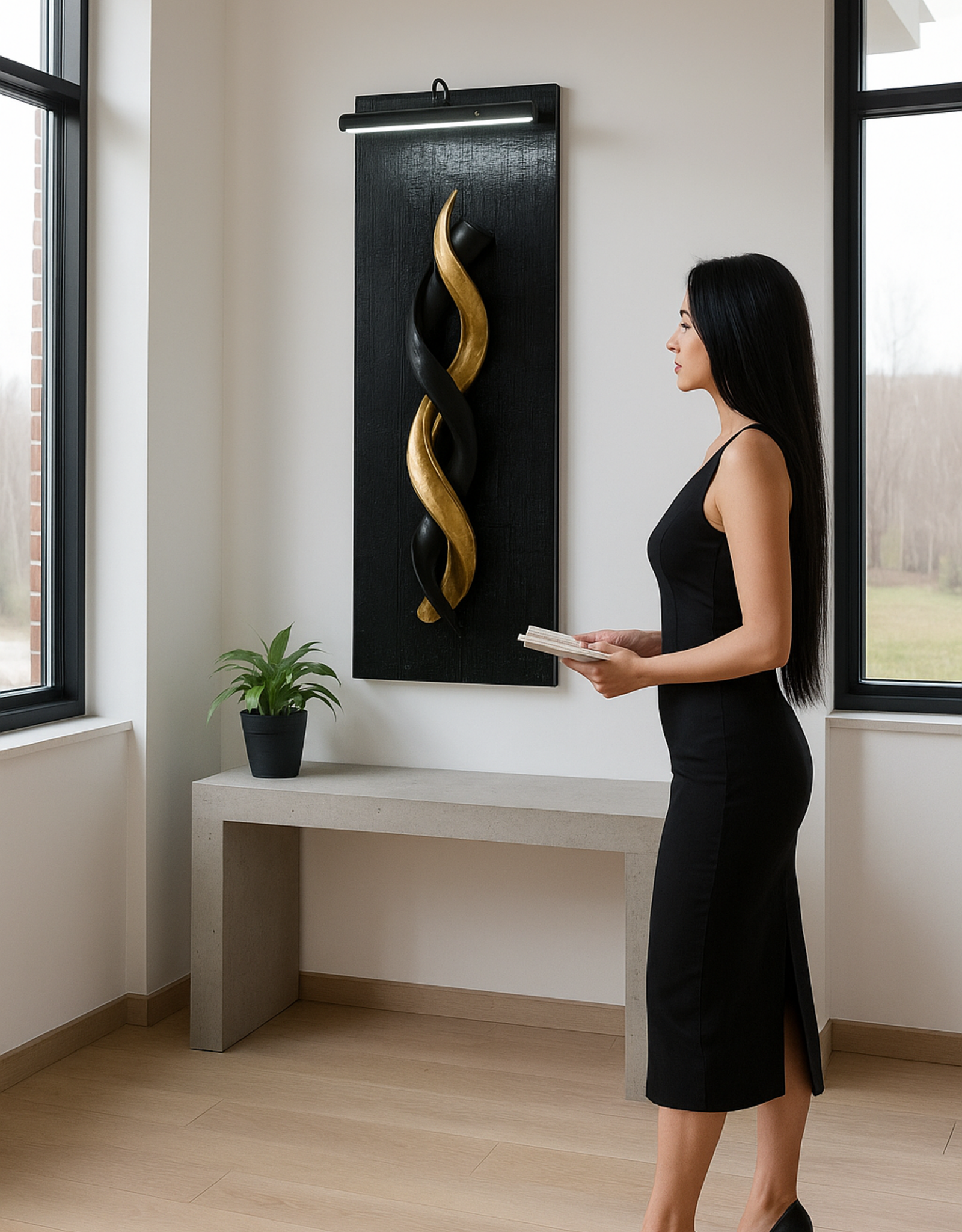 Design Object with Kudu Horns – Black & Gold on Burnt Wood, with LED Lighting This exceptional wall piece is a play of contrast and harmony.