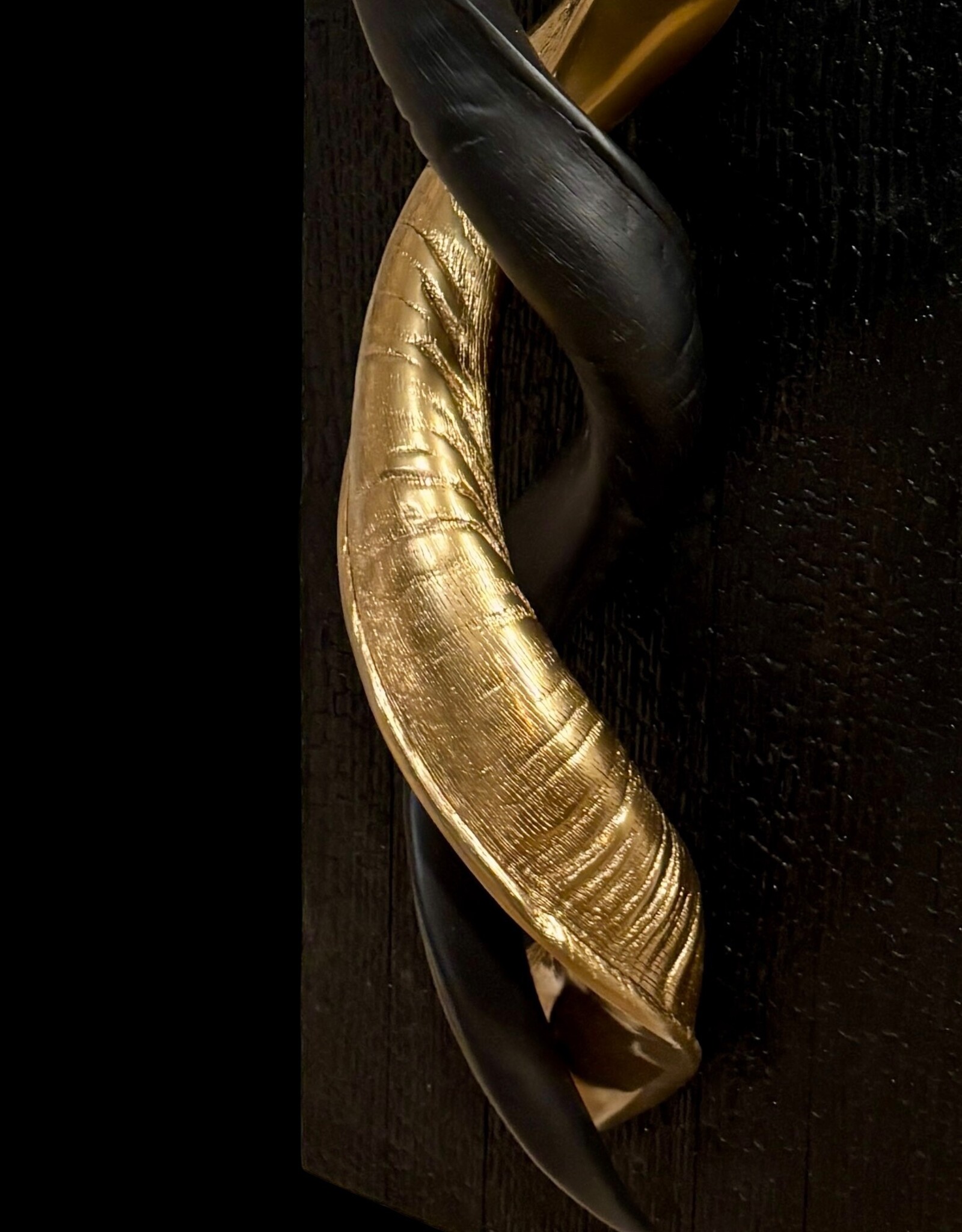 Design Object with Kudu Horns – Black & Gold on Burnt Wood, with LED Lighting This exceptional wall piece is a play of contrast and harmony.