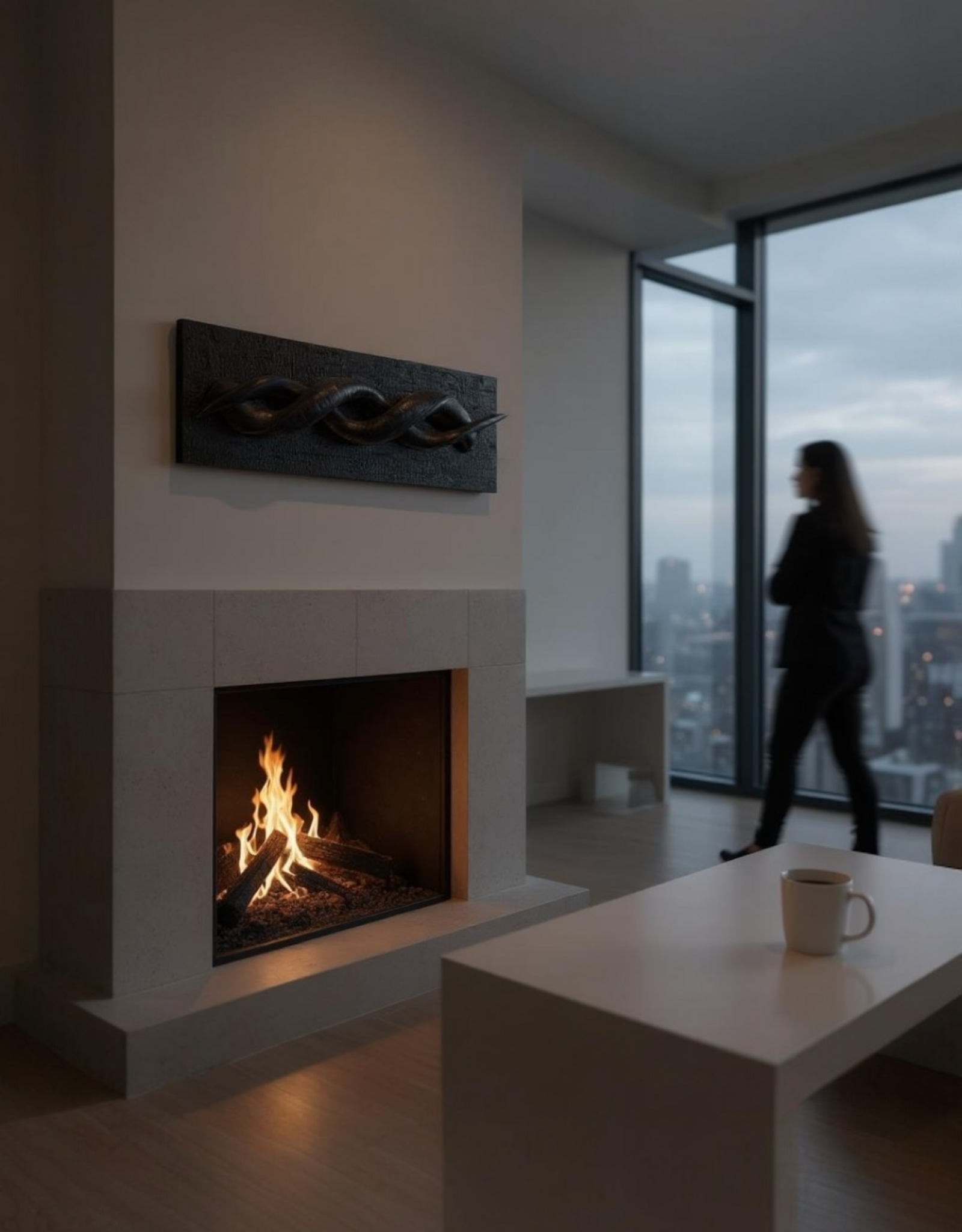 Designobjekt aus zwei echten Kuduhörnern – auf verbranntem Holz