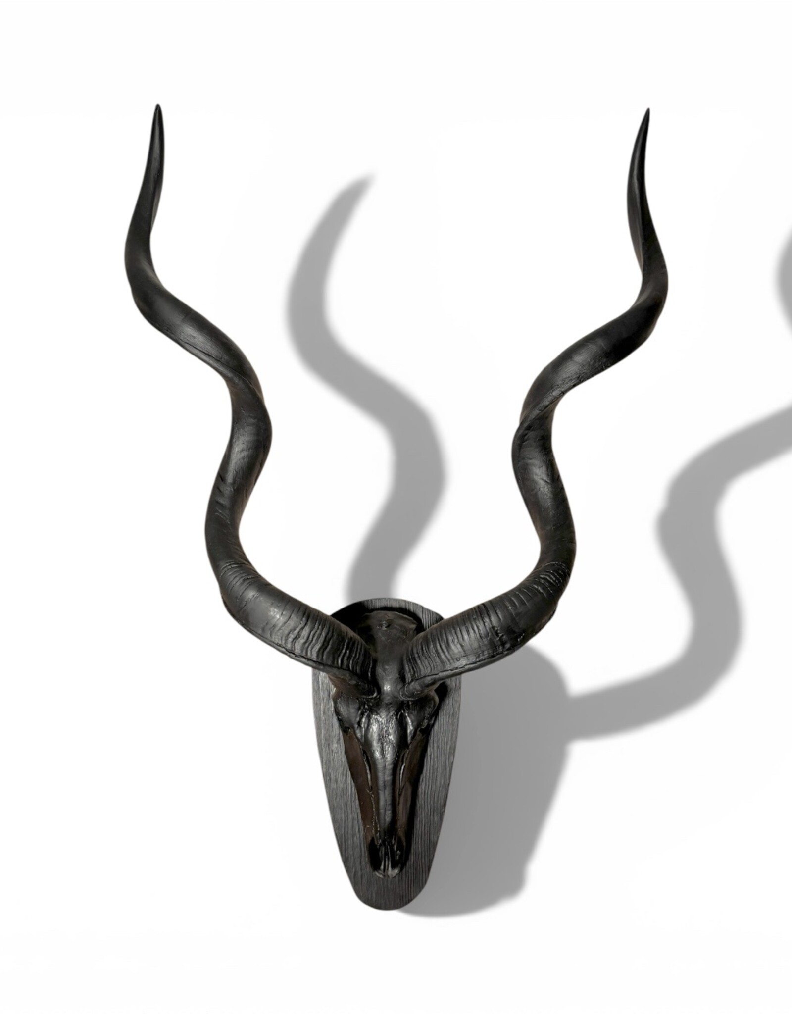Large Black Kudu Horn Wall Decor – Majestic 95 cm Kudu Horns, Modern African Wall Art, Matte Black Horn Sculpture, Rustic Burnt Wood Mount