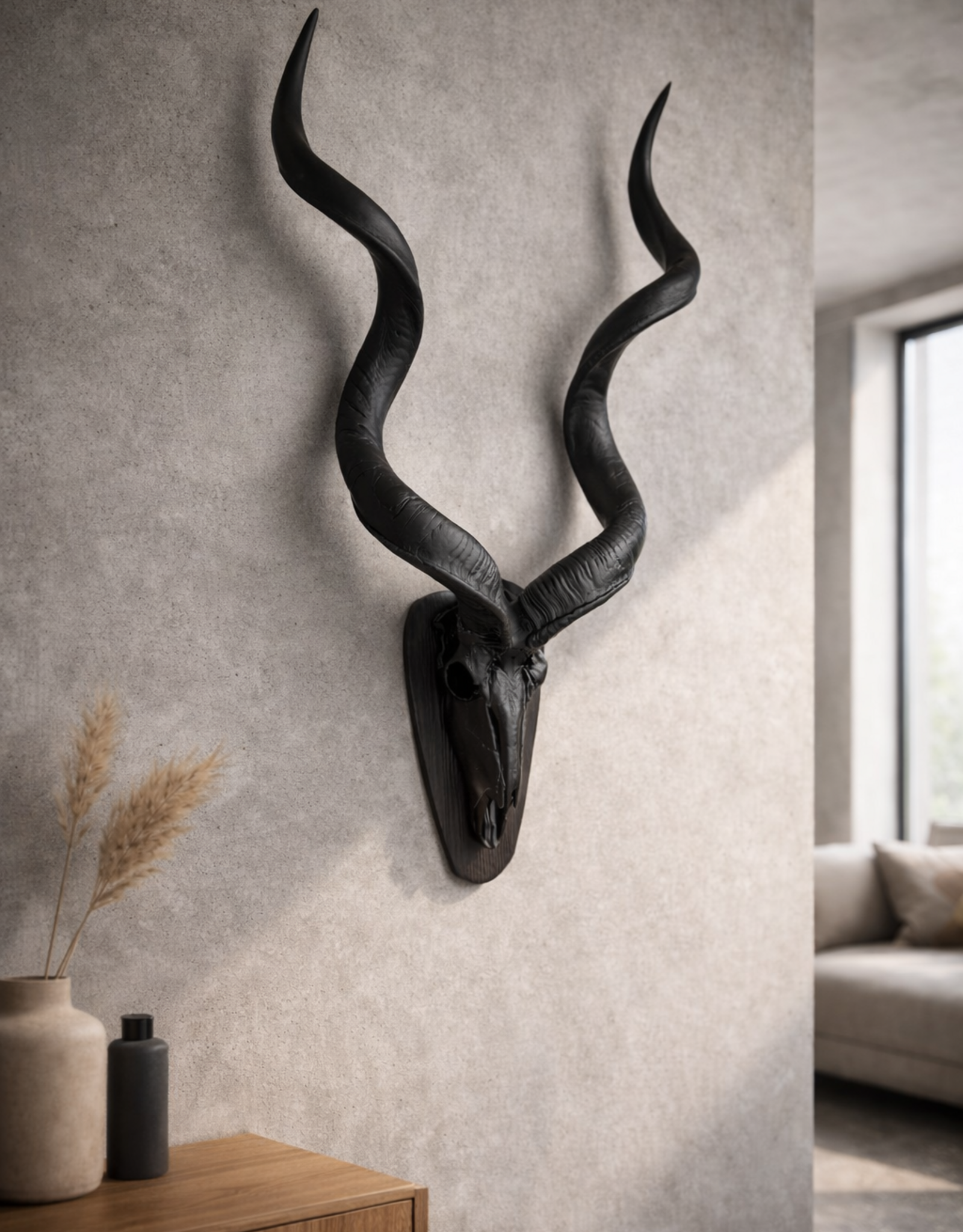 Large Black Kudu Horn Wall Decor – Majestic 95 cm Kudu Horns, Modern African Wall Art, Matte Black Horn Sculpture, Rustic Burnt Wood Mount