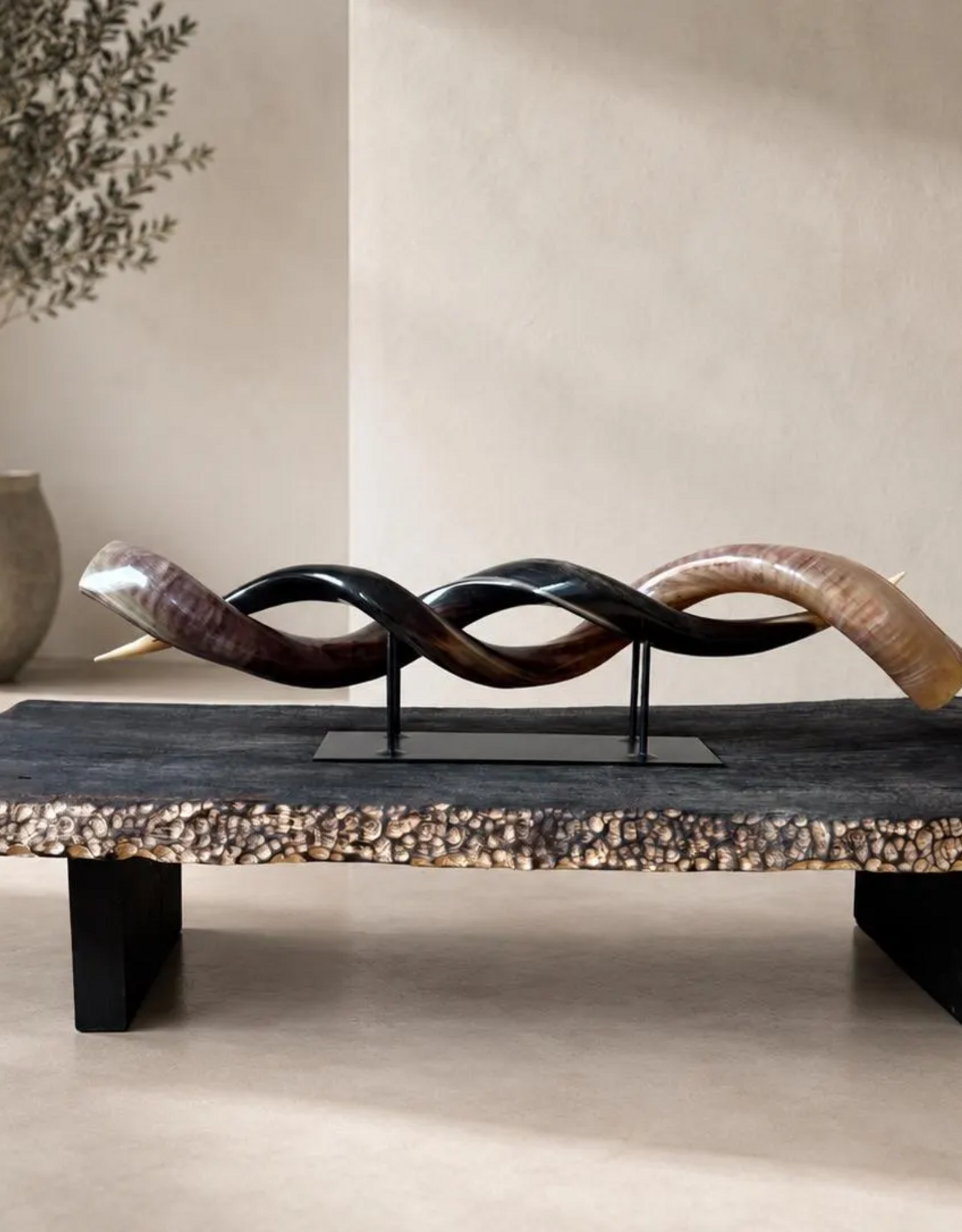 Kudu horn partly ground double on metal stand  - Copy