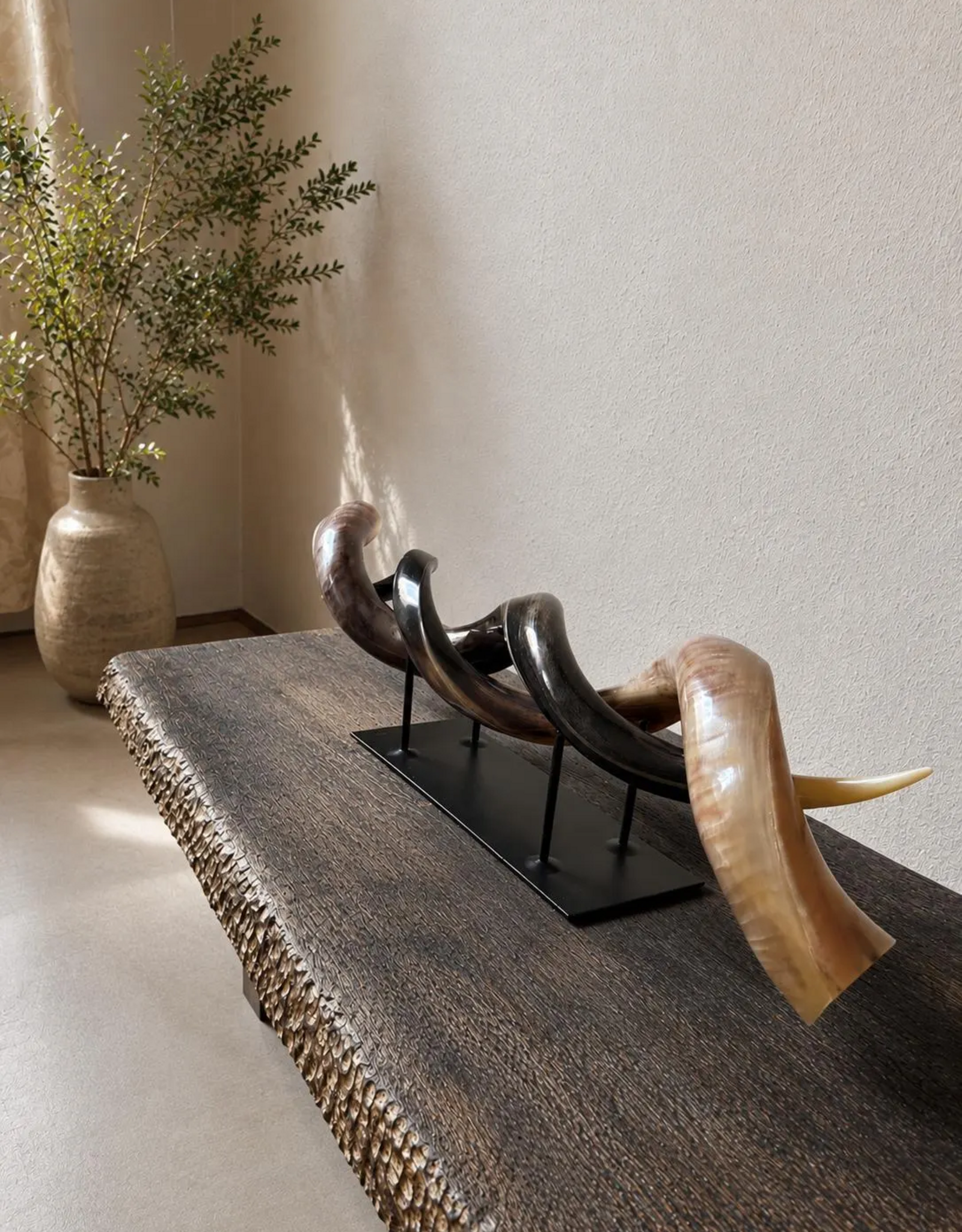 Kudu horn partly ground double on metal stand  - Copy