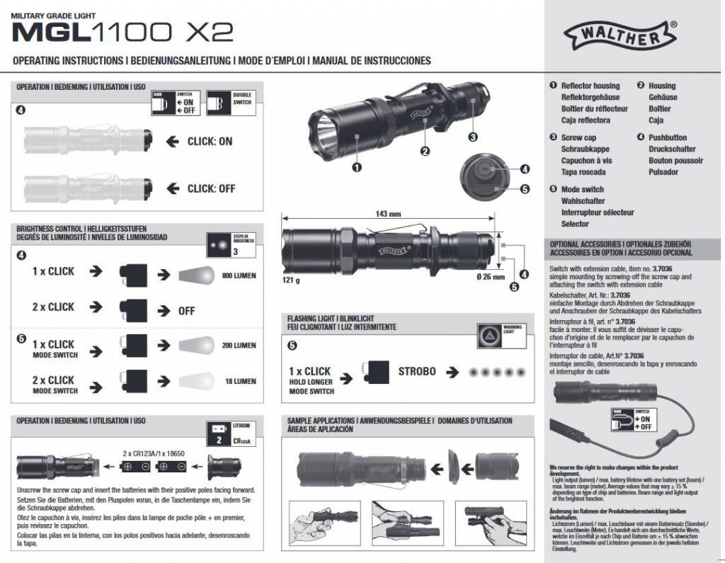 Walther MGL 1100 X2 Cree LED Taschenlampe - 800 Lumen