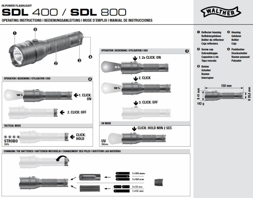 Walther Authority lamp LED Flashlight SDL 800 with UV light - BK