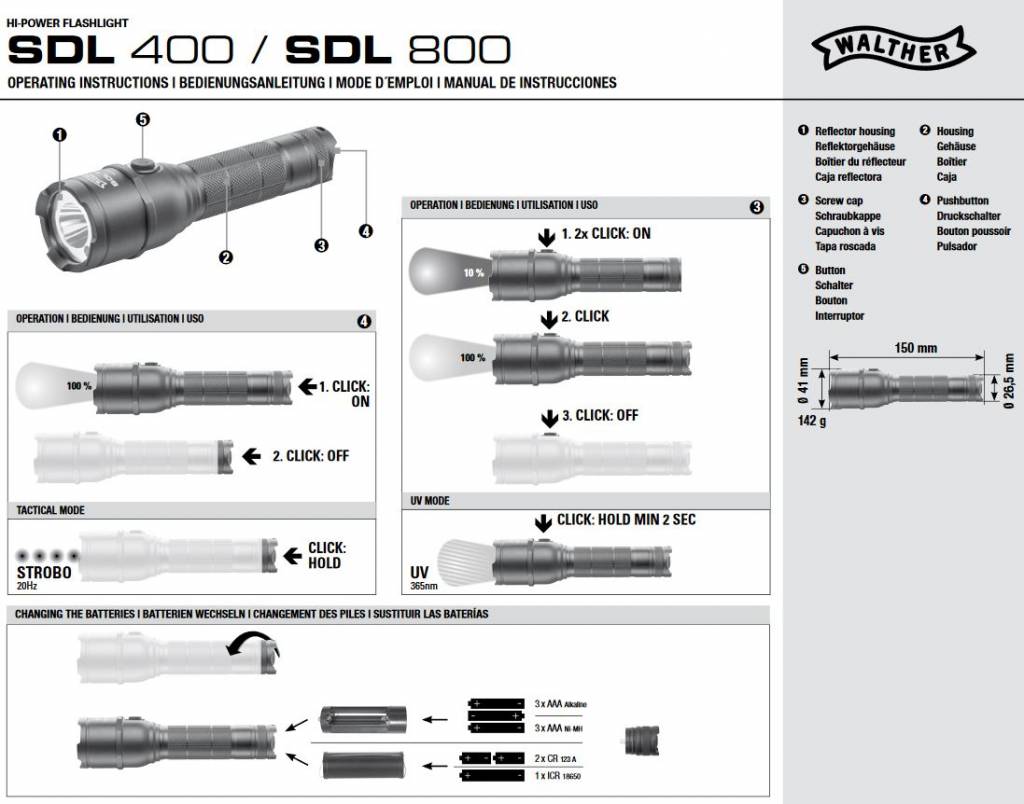 Walther Behördenlampe LED Taschenlampe SDL 800 mit UV-Licht - BK