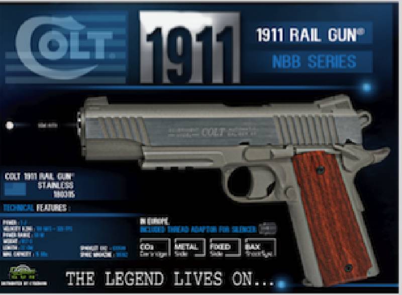 Colt 1911 Rail Gun Co2 NBB - 1.0 Joule - stainless