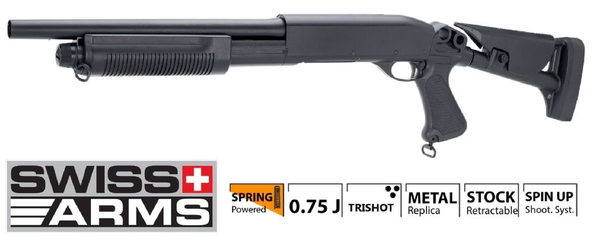 Swiss Arms Spring 3 Burst Fusil à pompe Metal 0.7 Joule - BK - DarkBull  TacStore