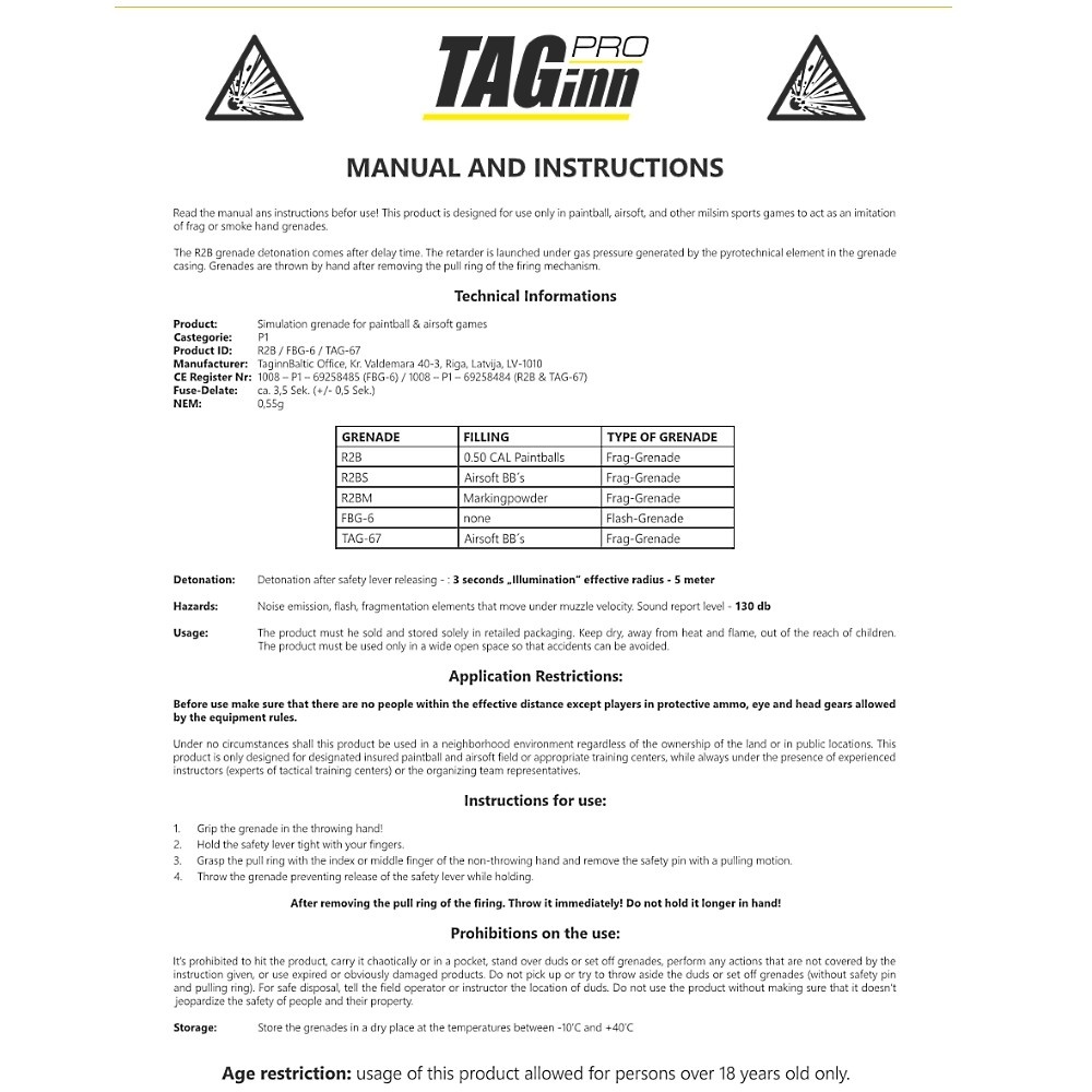 TAGinn TAG-67 cal. 50 paintball frag grenade - BL