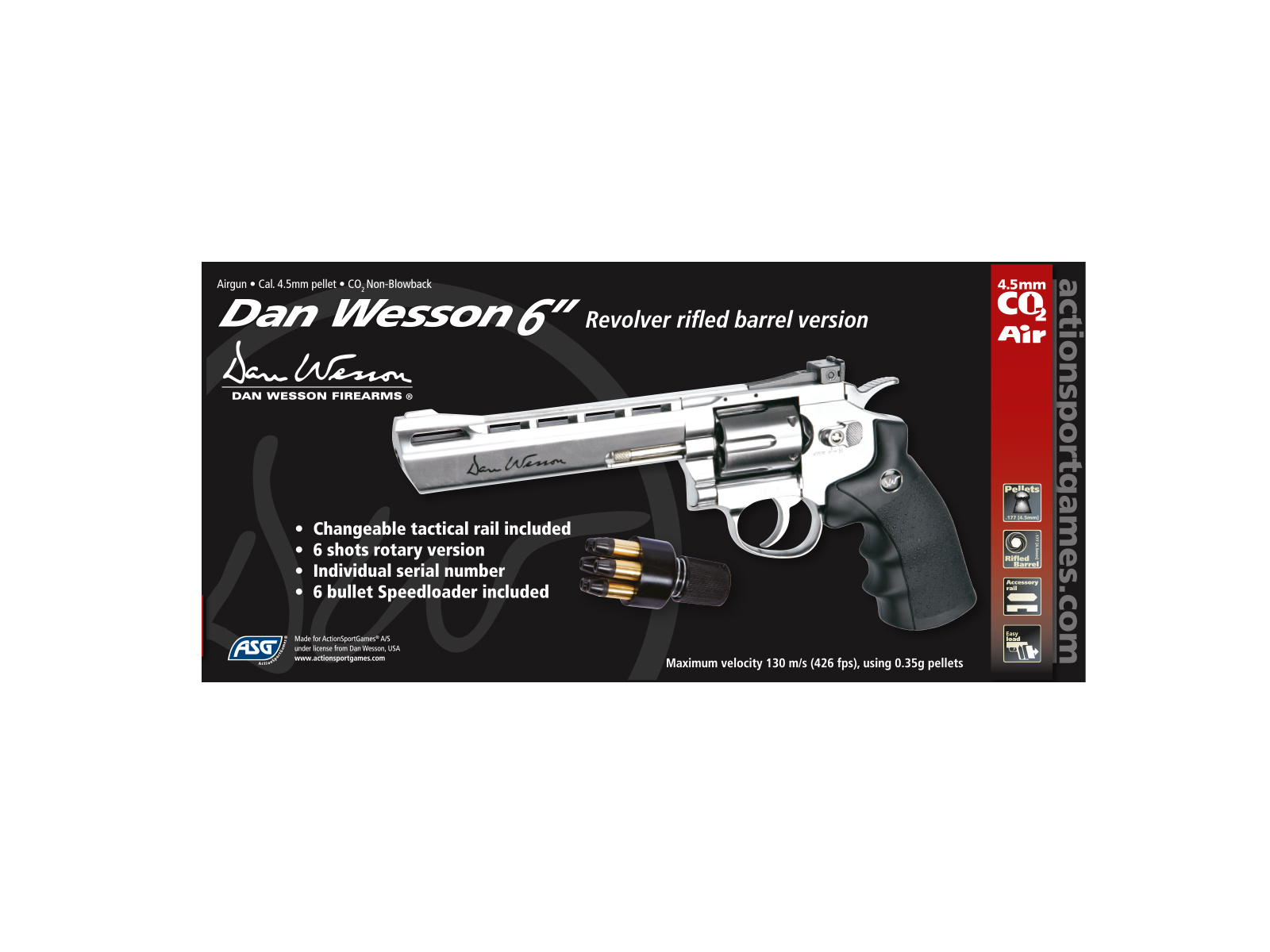 ASG Revólver de CO2 Dan Wesson de 6 pulgadas 4.5 mm (.177) Diabolo 3.0 Joule - Plateado