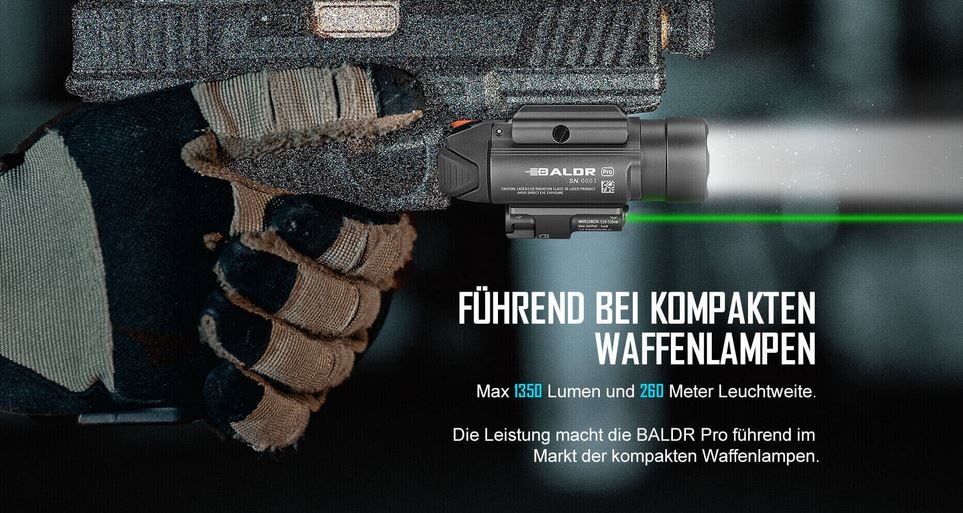 OLight Baldr Pro Tactical 1.350 Lumen & grüner Laser - BK