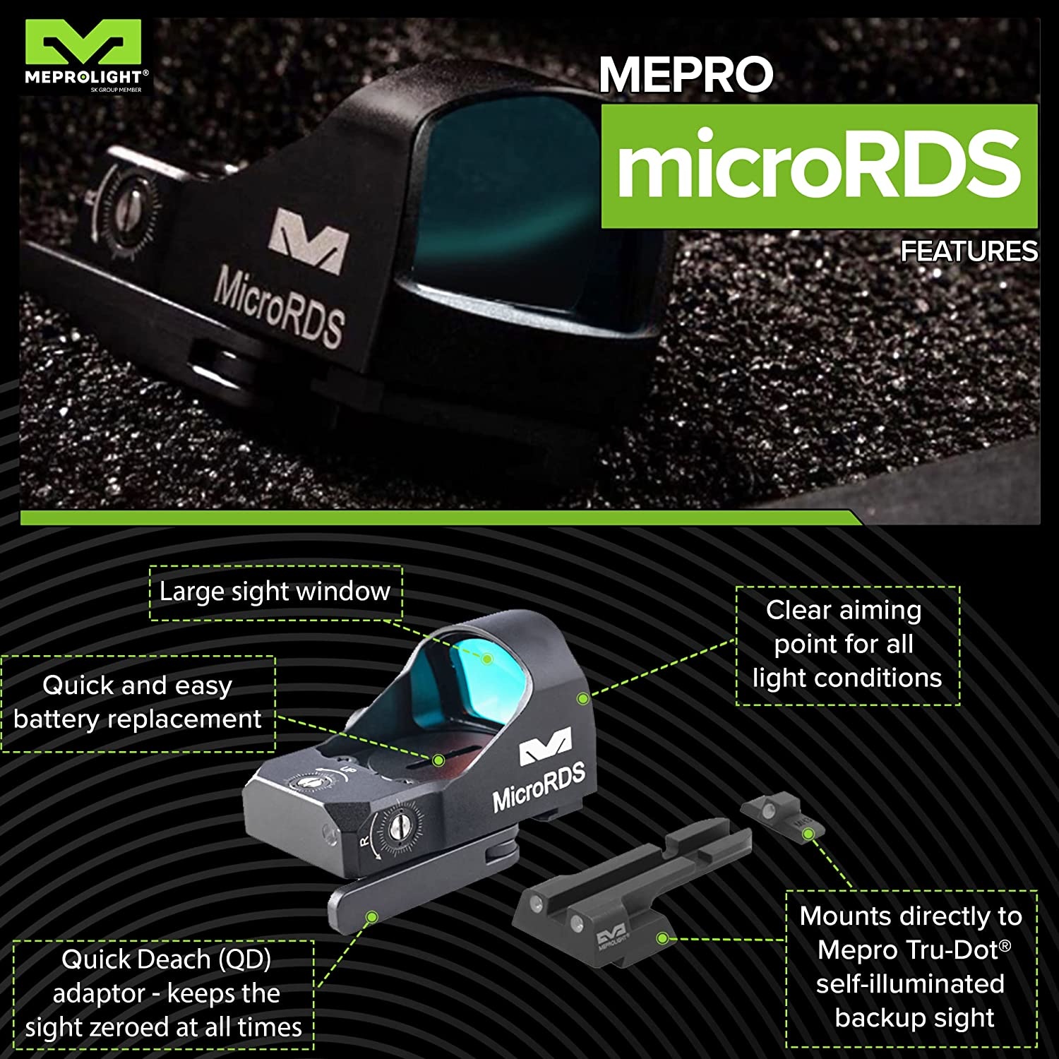 MeproLight Glock microRDS con adaptador QD y copia de seguridad TruDot