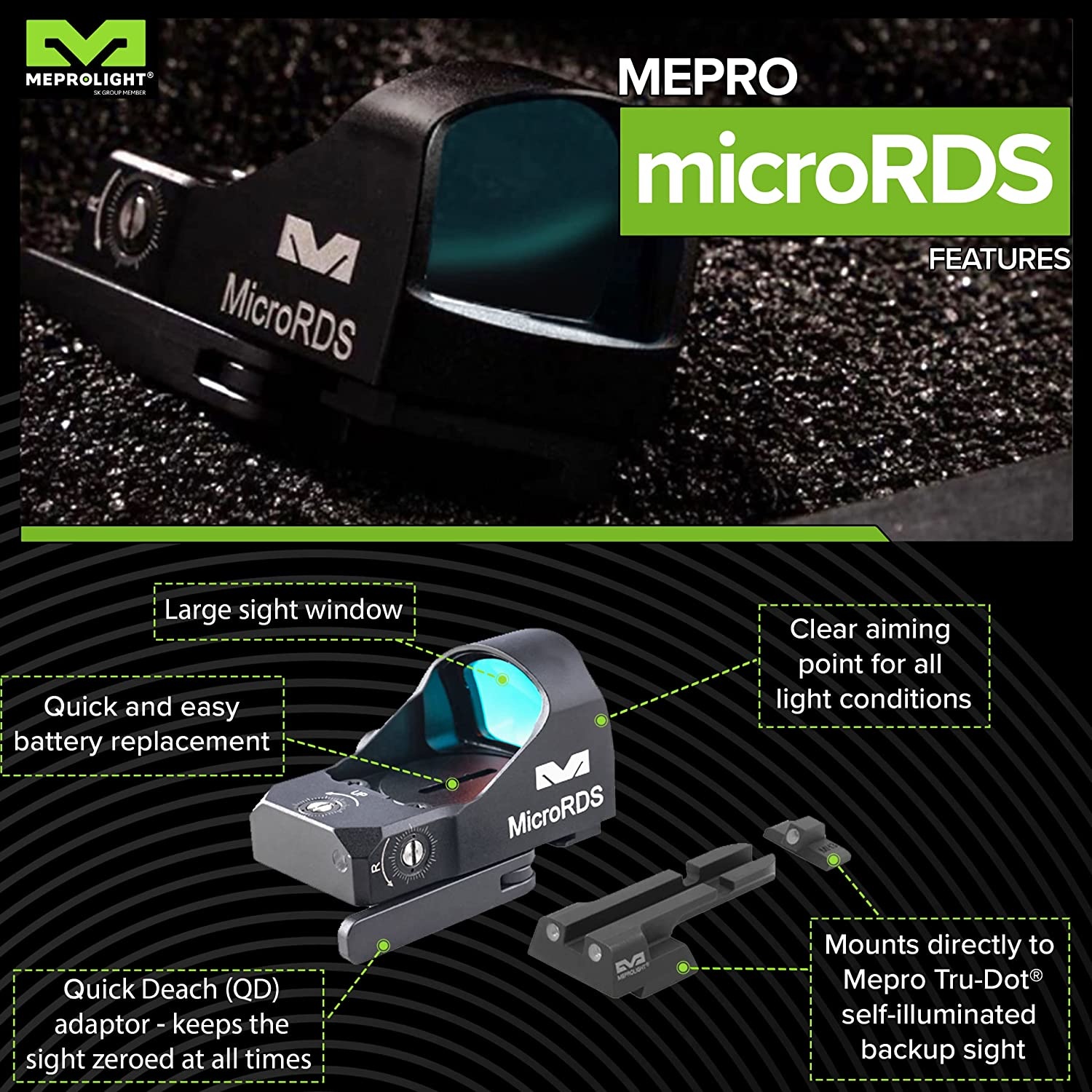 MeproLight Glock microRDS con adattatore QD e Backup TruDot