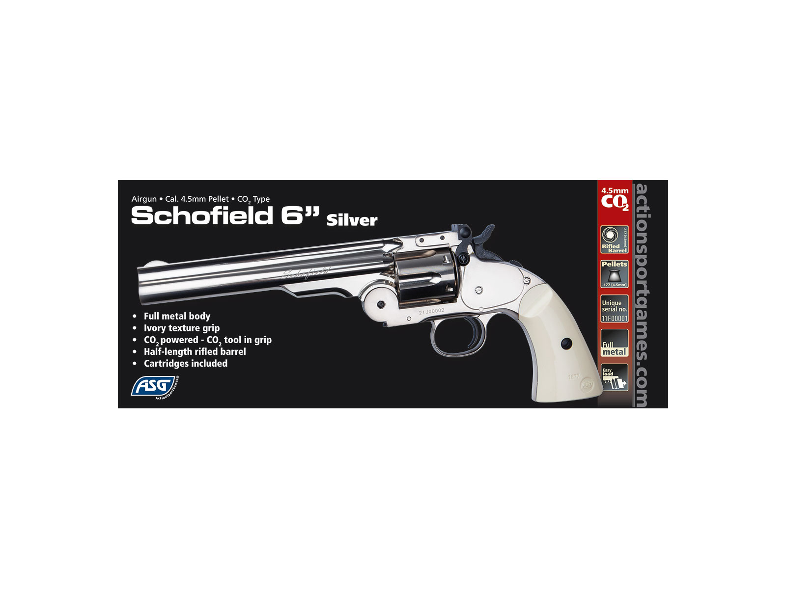 ASG Revólver Schofield Co2 de 6 pulgadas 4,5 mm (.177) Co2 BB 3,0 julios - Plata
