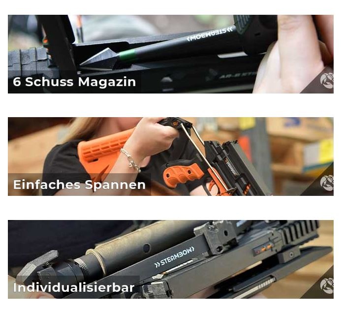 Steambow AR-6 Stinger II Tactical Repetierarmbrust mit 6 Schuss Schnellfeuermagazin