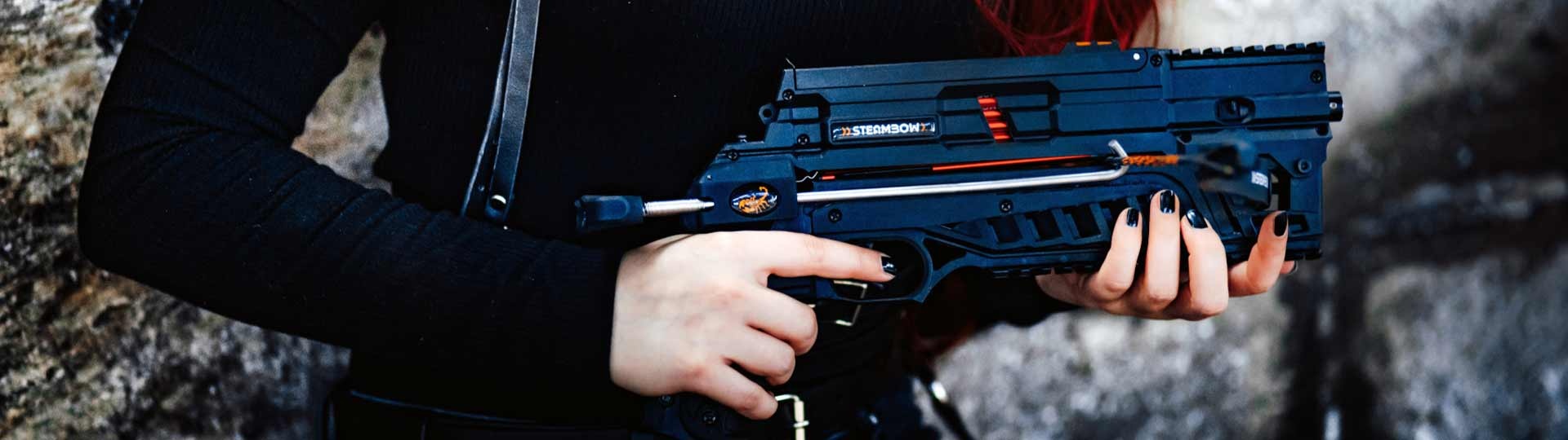 Steambow AR-6 Stinger II Compact repeating crossbow with 6-shot rapid-fire magazine